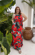 VESTIDO MIAMI SPRING RED FLOWERS GOLDEN